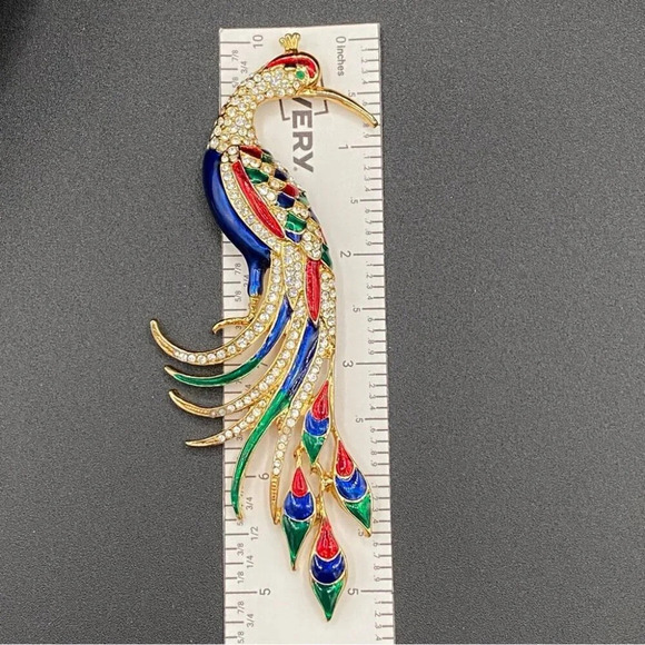 Colorful Bird Brooch In Blue, Red, Green Enamel and Sparkly Rhinestones in Gold - Picture 5 of 16